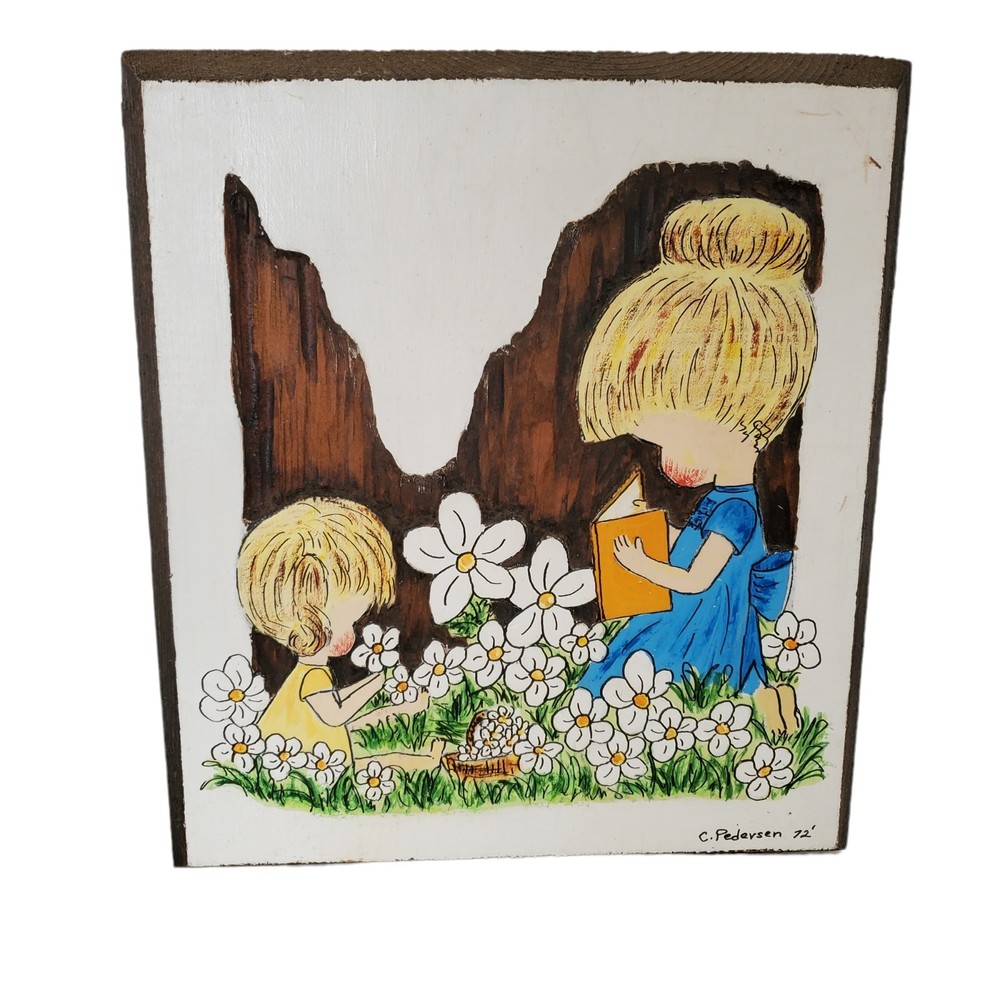 Vintage Wall Art Wood Carving Painting 1972 70s Handmade Nursery Bedroom Hippy